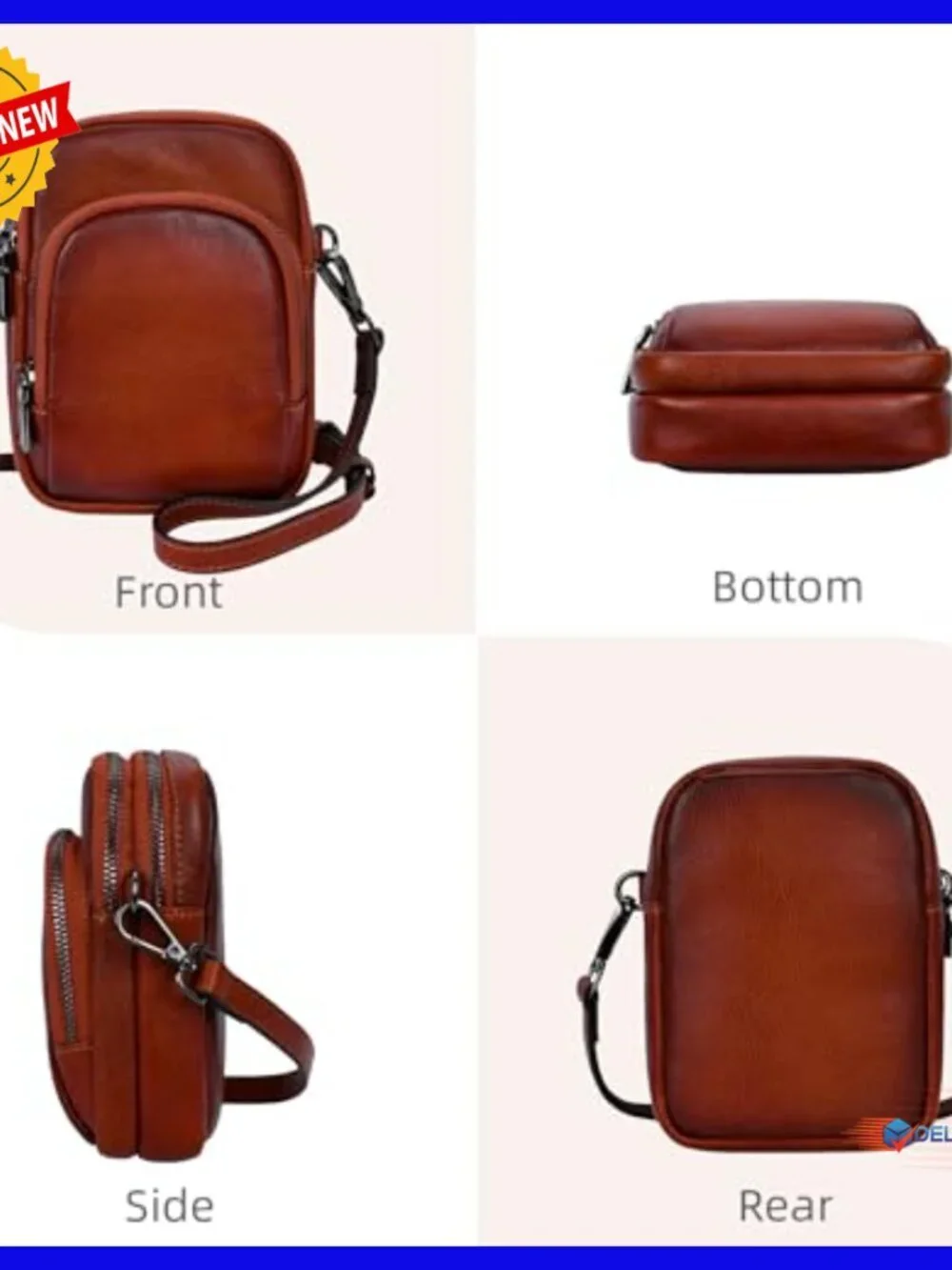 Genuine Leather Crossbody Bag with RFID, Adjustable Strap, 3 Zippered